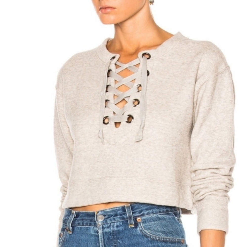 Mother Denim Lace Up Cropped Sweatshirt Oatmeal Heather Grey Medium